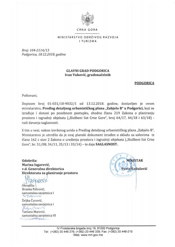 104-2114_13 Сагласност на Предлог ДУП-а Забјело Б, Главни град Подгорица