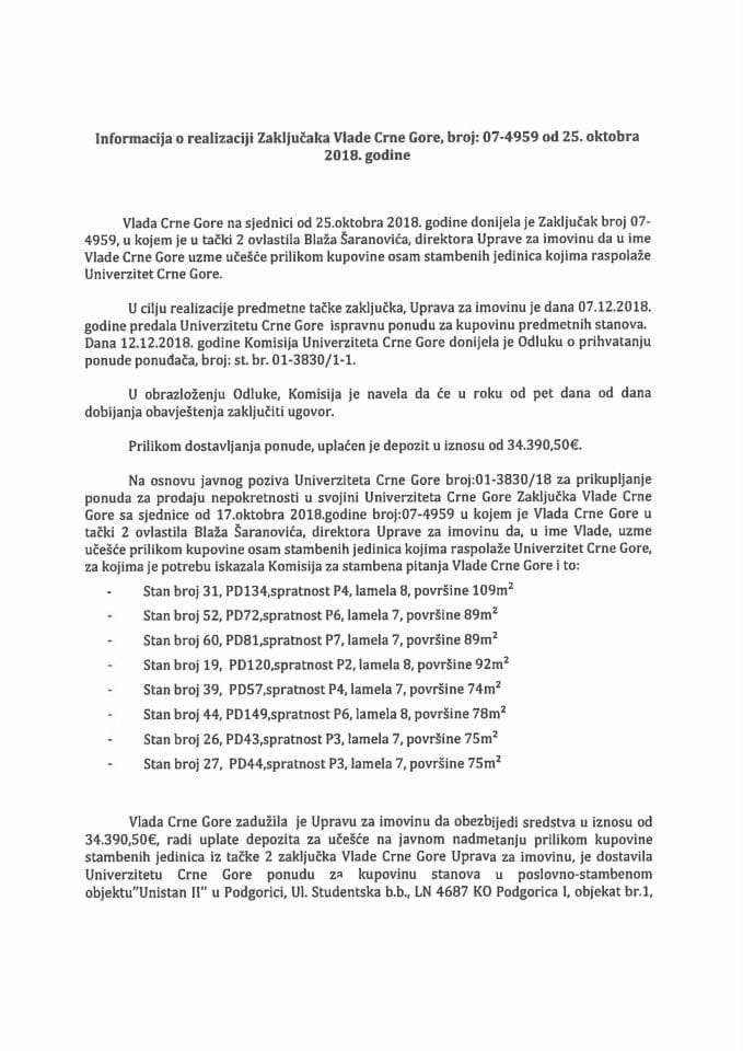 Информација о реализацији Закључака Владе Црне Горе, број: 07- 4959, од 25. октобра 2018. године