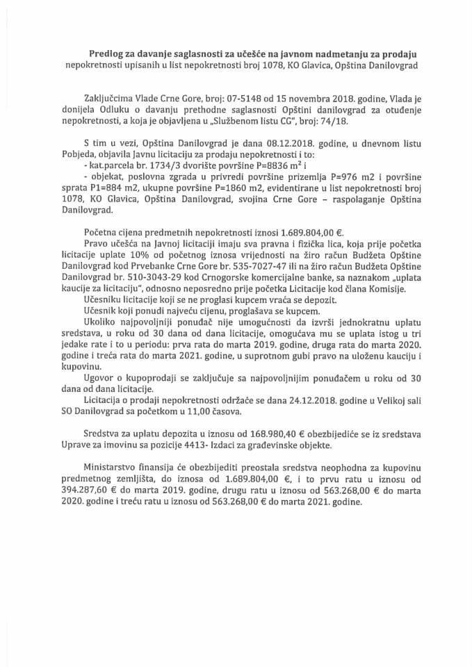 Predlog za davanje saglasnosti za učešće na javnom nadmetanju za prodaju nepokretnosti upisanih u list nepokretnosti broj 1078, KO Glavica, Opština Danilovgrad