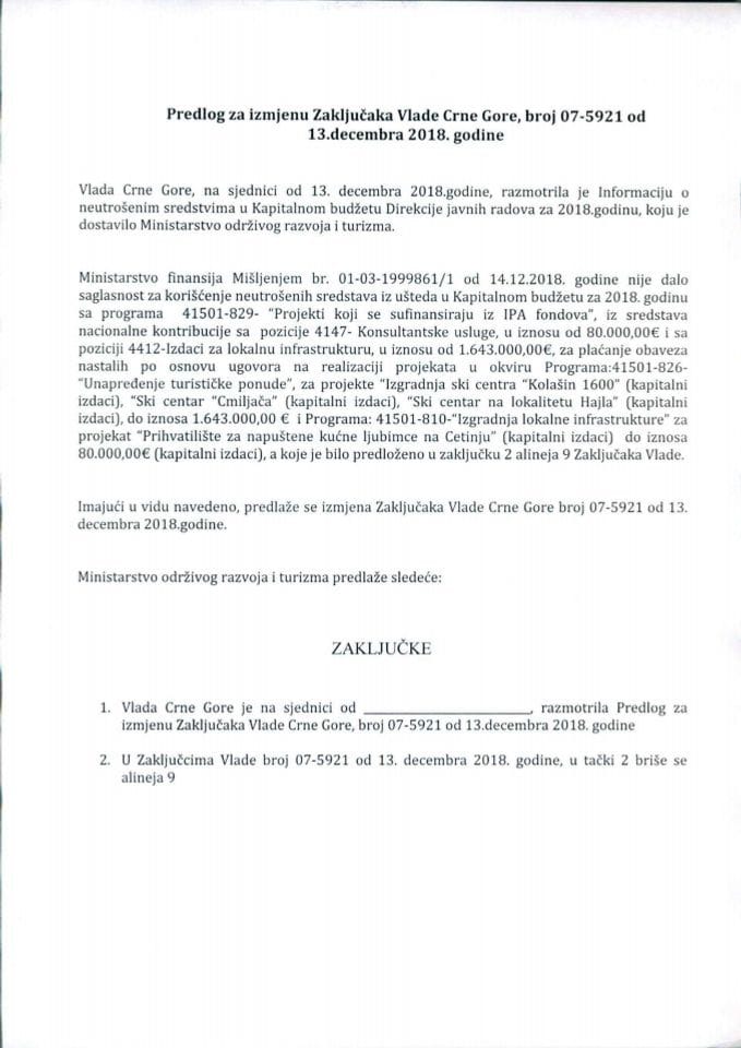 Predlog za izmjenu Zaključaka Vlade Crne Gore, broj: 07-5921, od 13. decembra 2018. godine