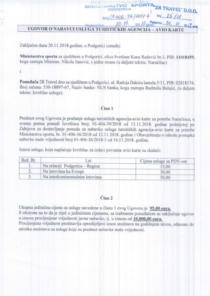 Ugovor o nabavci usluga turističkih agencija - avio karte