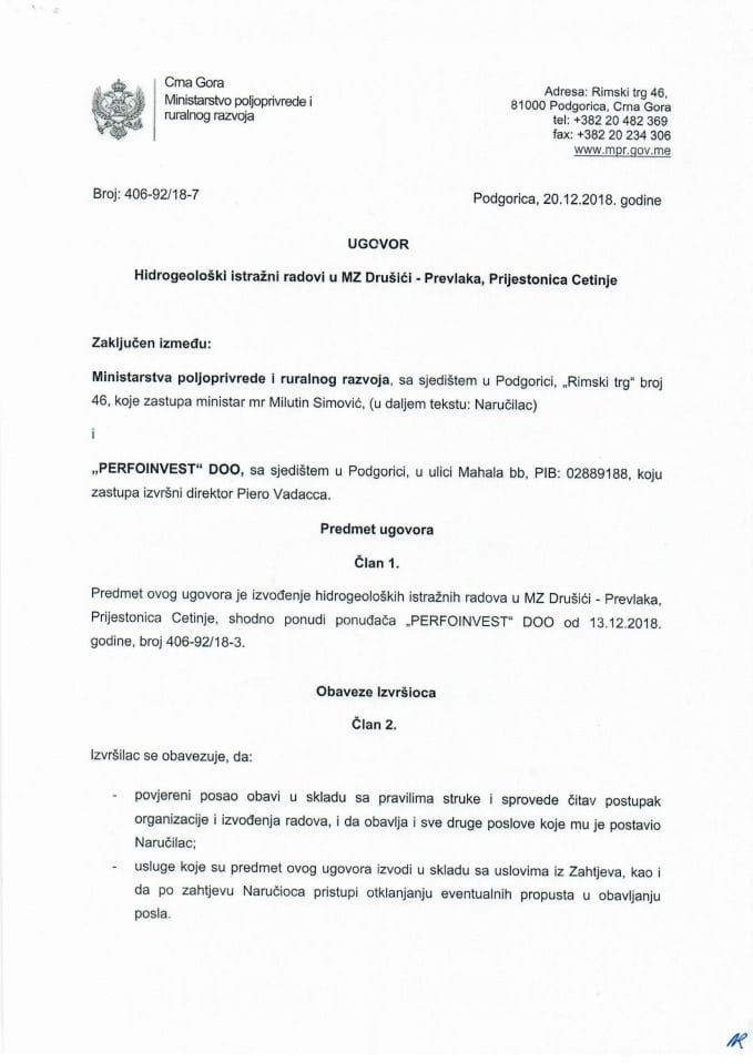 Ugovor o hidrogeološkim istražnim radovima u MZ Drušići, Prevlaka, Prijestonica Cetinje
