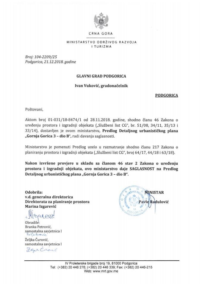 104-2209_25 Сагласност на Предлог ДУП-а Горња Горица 3-дио Б, Главни град Подгорица
