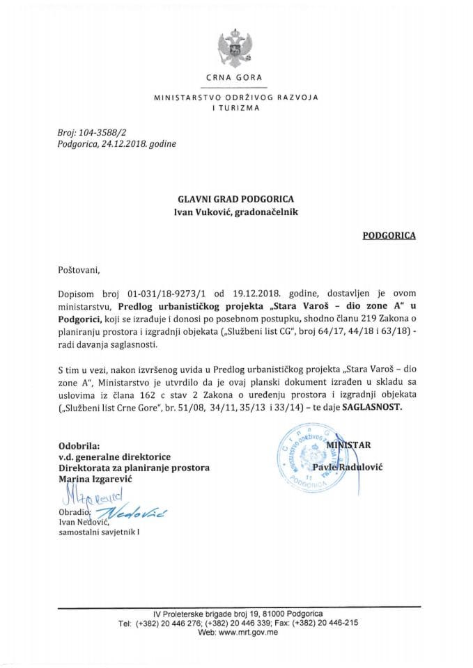 104-3588_2 Saglasnost na Predlog UP-a Stara Varoš-dio zone A, Glavni grad Podgorica