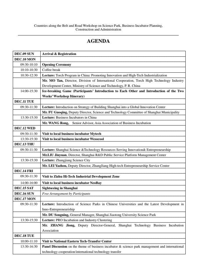 agenda of the workshop
