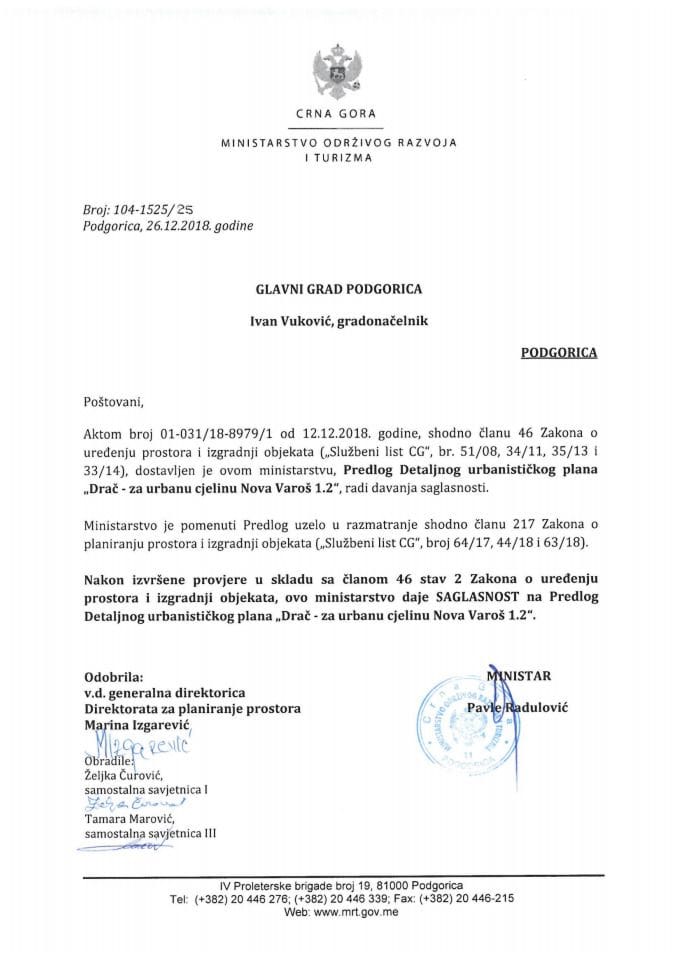 104-1525_25 Saglasnost na Predlog DUP-a Drač - za urbanu cjelinu Nova Varoš 1.2, Glavni grad Podgorica