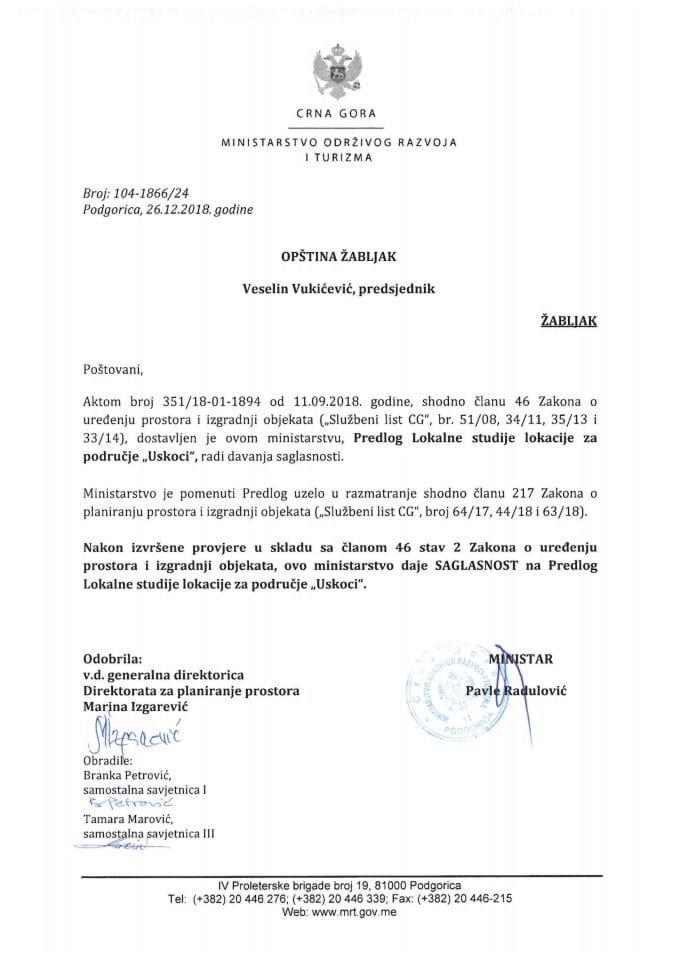 104-1866_24 Сагласност на Предлог ЛСЛ за подручје Ускоци, Општина Жабљак