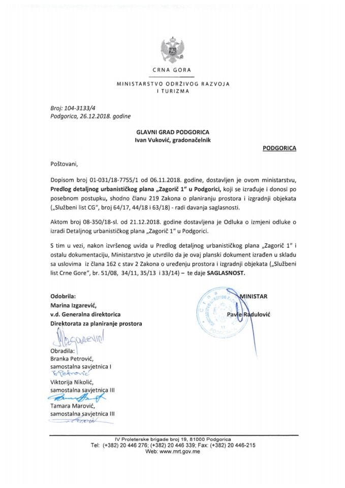 104-3133_4 Saglasnost na Predlog na Predlog DUP-a Zagorič 1, Glavni grad Podgorica