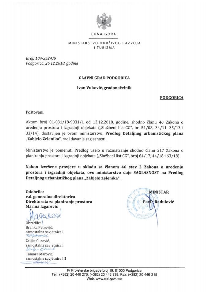 104-3524_9 Saglasnost na Predlog DUP-a Zabjelo Zelenika, Glavni grad Podgorica