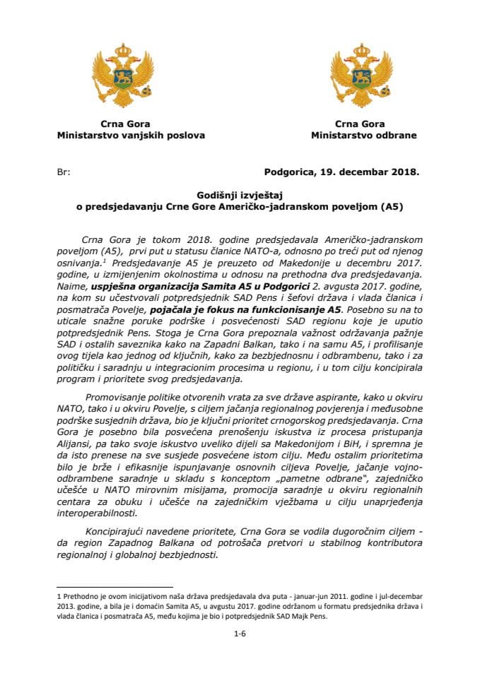 Godišnji izvještaj o predsjedavanju Crne Gore Američko - jadranskom poveljom (A5)