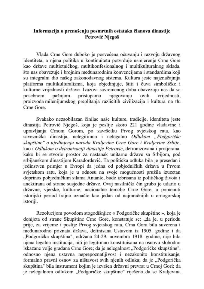 Informacija o prenošenju posmrtnih ostataka članova dinastije Petrović Njegoš
