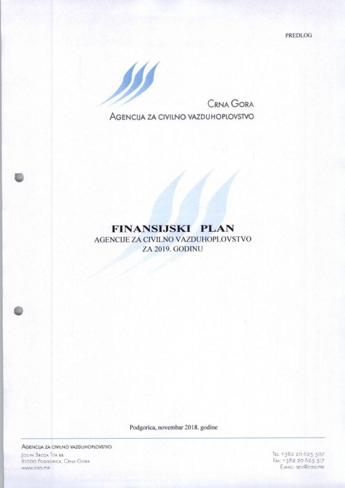 Предлог финансијског плана и програма рада Агенције за цивилно ваздухопловство за 2019. годину