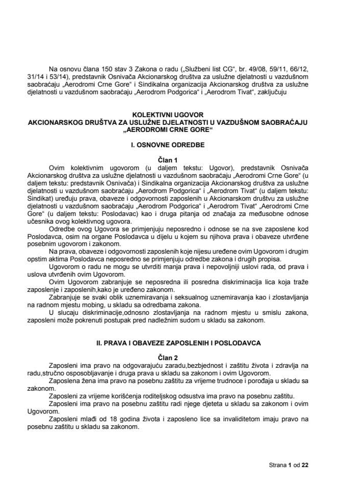 Predlog kolektivnog ugovora Akcionarskog društva za uslužne djelatnosti u vazdušnom saobraćaju "Aerodromi Crne Gore"