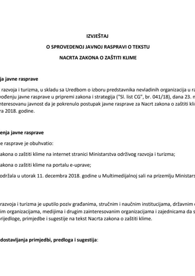 Извјештај о спроведеној јавној расправи о тексту Нацрта закона о заштити климе