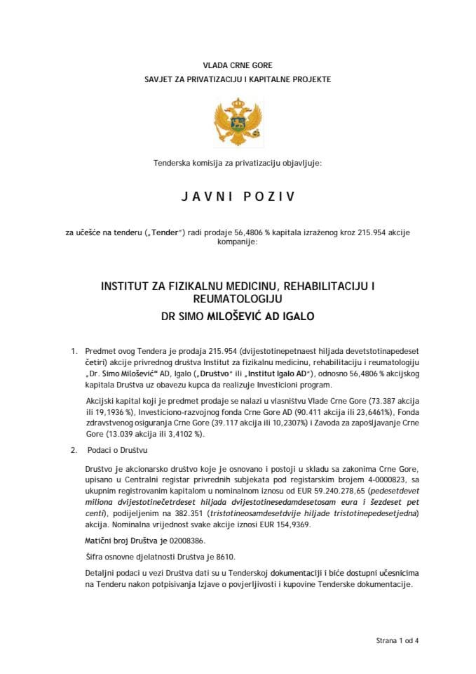Javni poziv za prodaju 56,4806 odsto akcijskog kapitala Instituta Dr Simo Milošević AD Igalo 