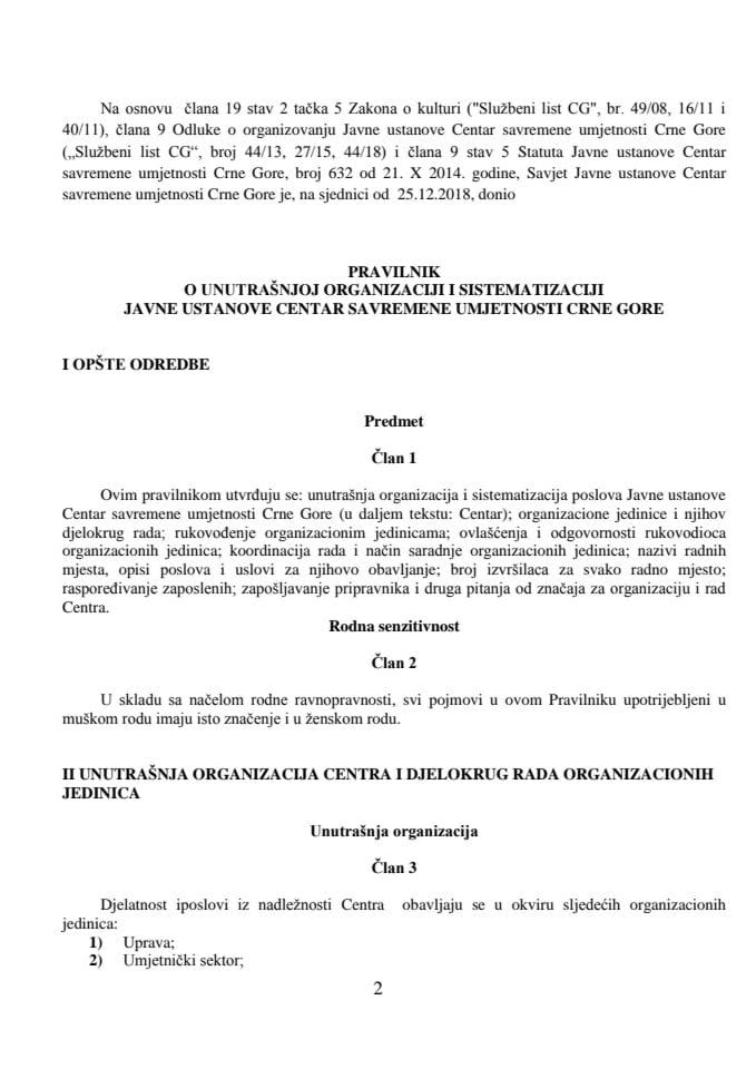 Pravilnik o unutrašnjoj organizaciji i sistematizaciji Javne ustanove Centar savremene umjetnosti Crne Gore
