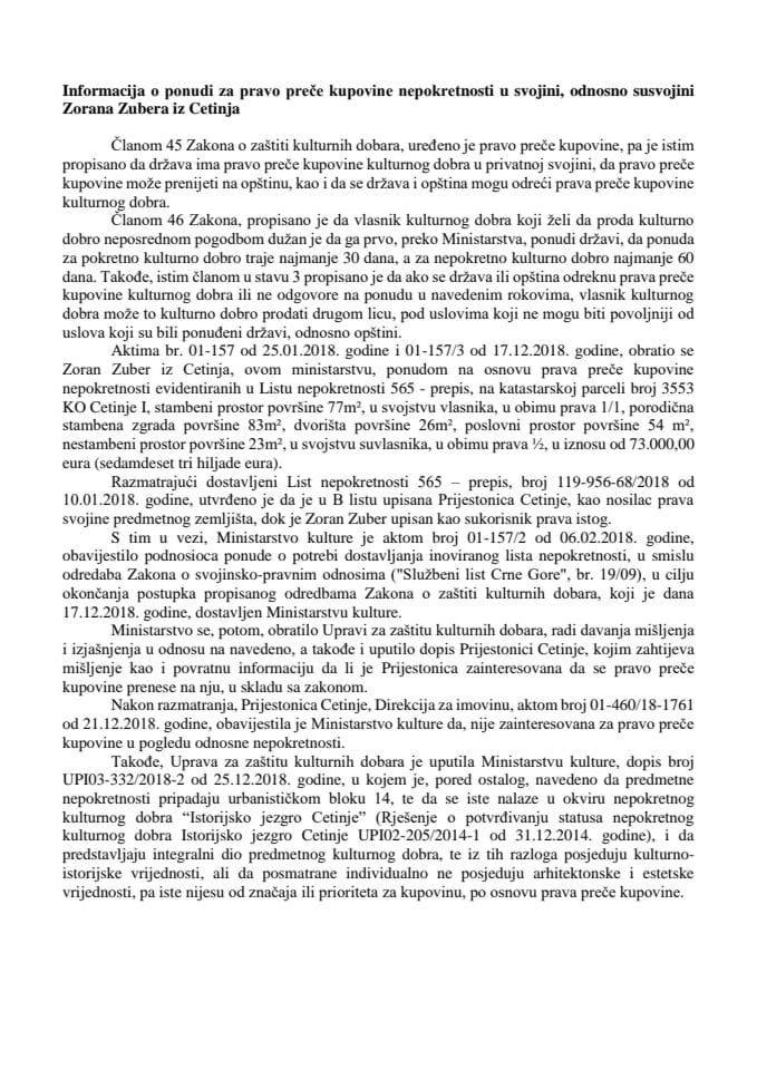 Informacija o ponudi za pravo preče kupovine nepokretnosti u svojini odnosno susvojini Zorana Zubera iz Cetinja