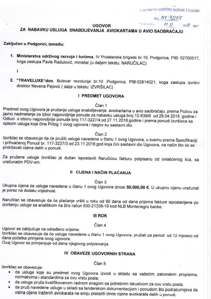 11.12.2018. Ugovor za pružanje usluga snabdijevanja avio kartama u avio saobraćaju