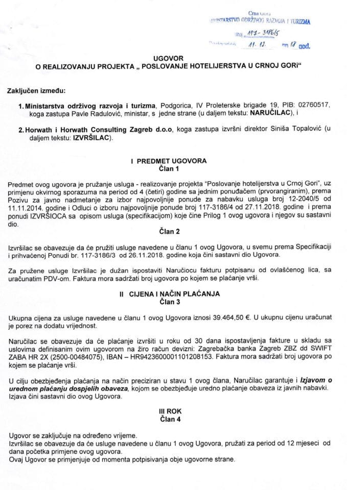 11.12.2018 Ugovor o realizovanju projekta „Poslovanje hoteljerstva u Crnoj Gori“