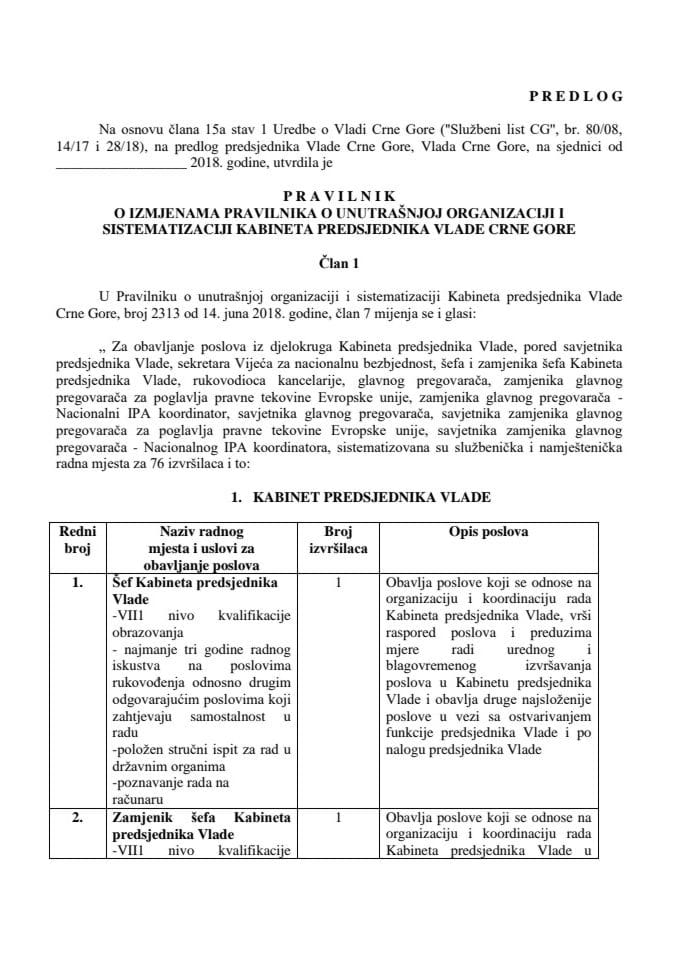 Predlog pravilnika o izmjenama Pravilnika o unutrašnjoj organizaciji i sistematizaciji Kabineta predsjednika Vlade Crne Gore