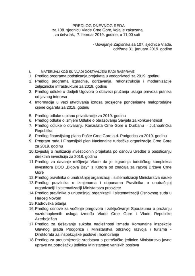 Predlog dnevnog reda za 108. sjednicu Vlade Crne Gore