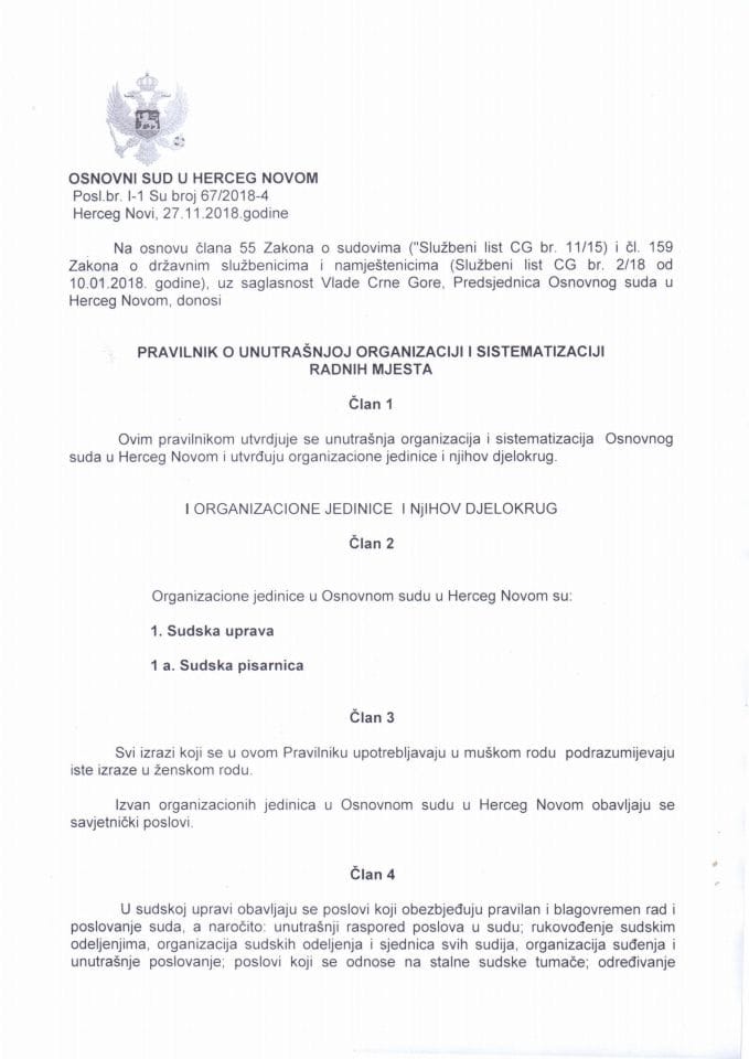 Predlog pravilnika o unutrašnjoj organizaciji i sistematizaciji Osnovnog suda u Herceg Novom