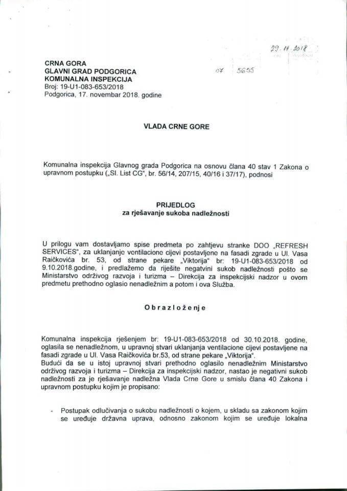 Предлог за рјешавање сукоба надлежности између Комуналне инспекције Главног града Подгорица и Министарства одрживог развоја и туризма - Директората за инспекцијске послове и лиценцирање