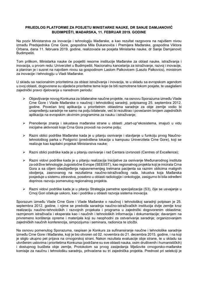 Предлог платформе за посјету др Сање Дамјановић, министарке науке, Мађарској, Будимпешта, 11. фебруара 2019. године
