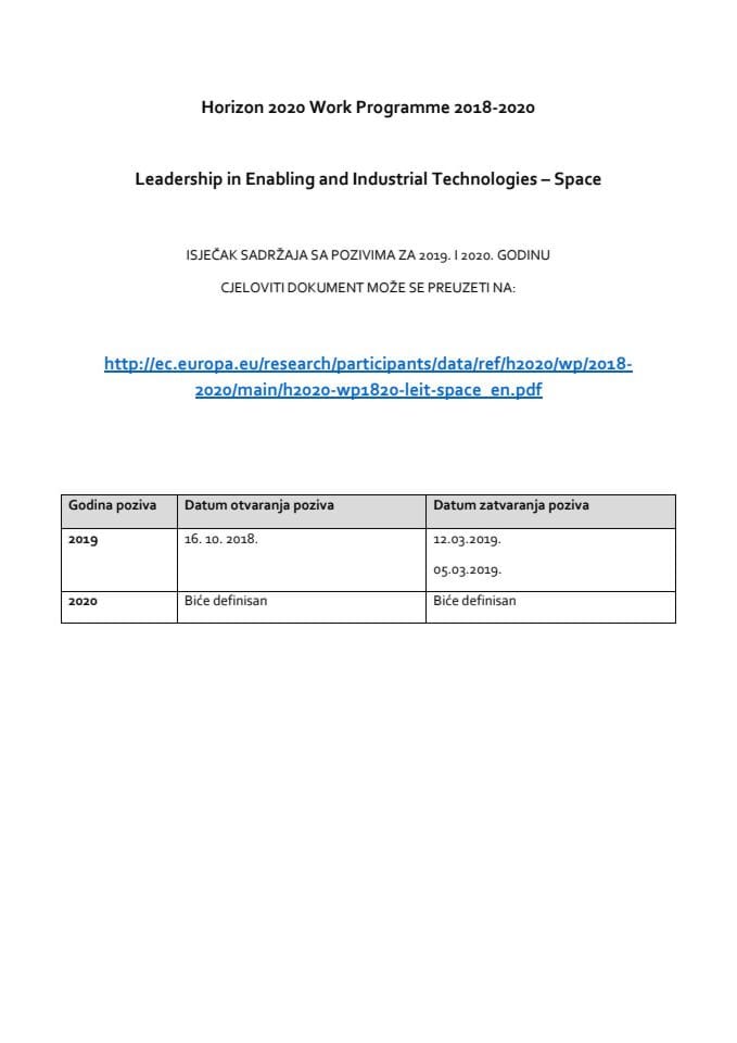 9. Leadership in Enabling and Industrial Technologies – Space - H2020 - 2019-2020_sadržaj