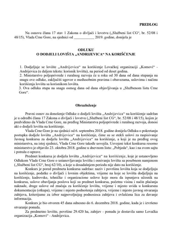 Predlog odluke o dodjeli lovišta "Andrijevica" na korišćenje s Predlogom ugovora o korišćenju lovišta "Andrijevica"