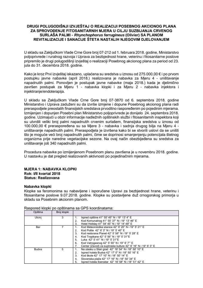 Други полугодишњи извјештај о реализацији Посебног акционог плана за спровођење фитосанитарних мјера у циљу сузбијања црвеног сурлаша палми - Рхyнцхопхорус ферругинеус (Оливиер) са планом ревитали