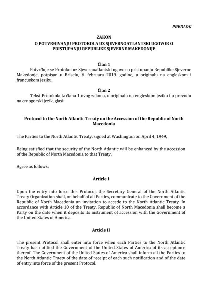 Predlog zakona o potvrđivanju Protokola uz Sjevernoatlantski ugovor o pristupanju Republike Sjeverne Makedonije