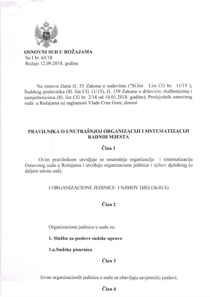 Предлог правилника о унутрашњој организацији и систематизацији Основног суда у Рожајама