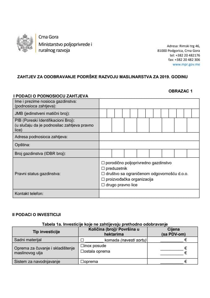 Obrazac 1-Zahtjev za odobravanje podrške razvoju maslinarstva za 2019. godinu