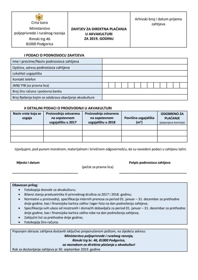 2. Obrazac zahtjeva za direktna u akvakulturi