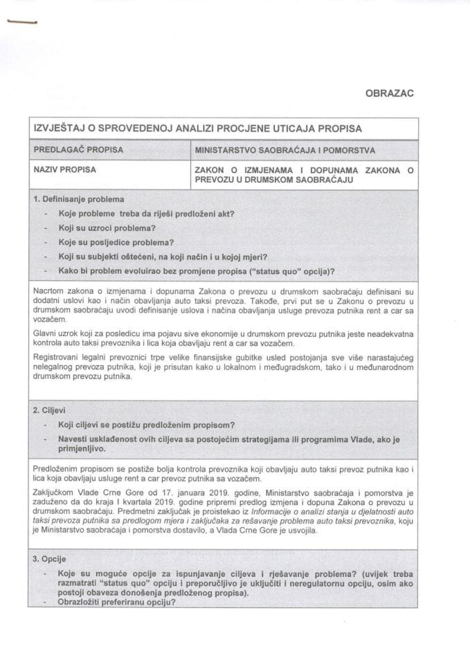 RIA Obrazac - Zakon o izmjenama i dopunama Zakona o prevozu u drumskom saobraćaju