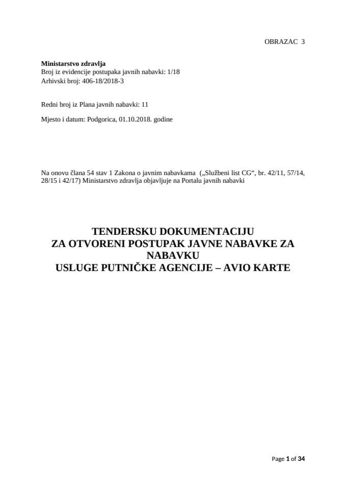 Tenderska dokumentacija za otvoreni postupak javne nabavke za nabavku usluge – avio karte