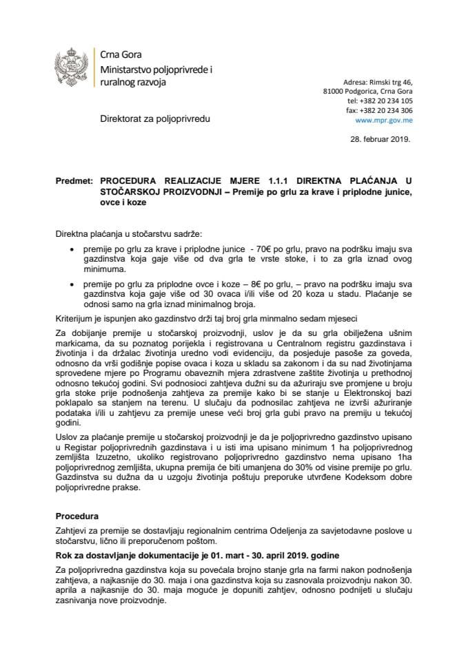 PROCEDURA REALIZACIJE MJERE 1.1.1 DIREKTNA PLAĆANJA U STOČARSKOJ PROIZVODNJI – Premije po grlu za krave i priplodne junice, ovce i koze