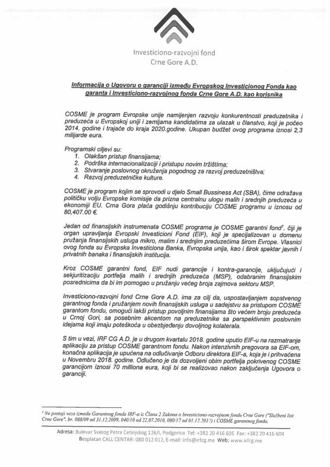 Informacija o Ugovoru o garanciji između Evropskog Investicionog Fonda kao garanta i Investiciono-razvojnog fonda Crne Gore AD kao korisnika s Predlogom ugovora
