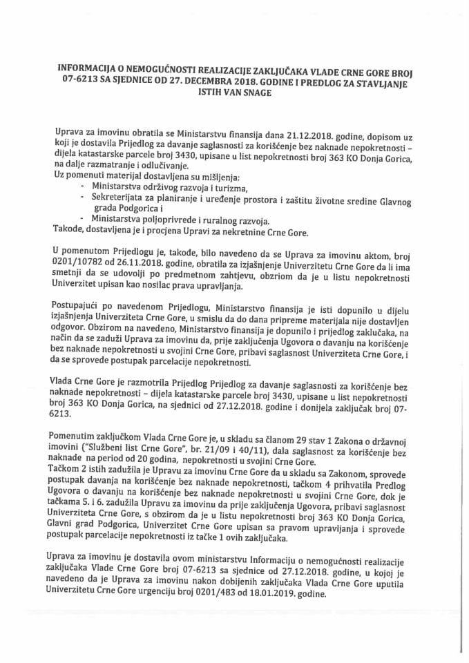 Информација о немогућности реализације закључака Владе Црне Горе, број: 07-6213, са сједнице од 27. децембра 2018. године и предлог за стављање истих ван снаге