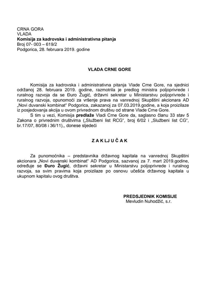 Predlog zaključka o određivanju punomoćnika – predstavnika državnog kapitala na vanrednoj Skupštini akcionara "Novi duvanski kombinat" AD Podgorica