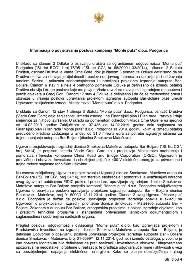 Informacija o povjeravanju poslova kompaniji Monte-put d.o.o. Podgorica