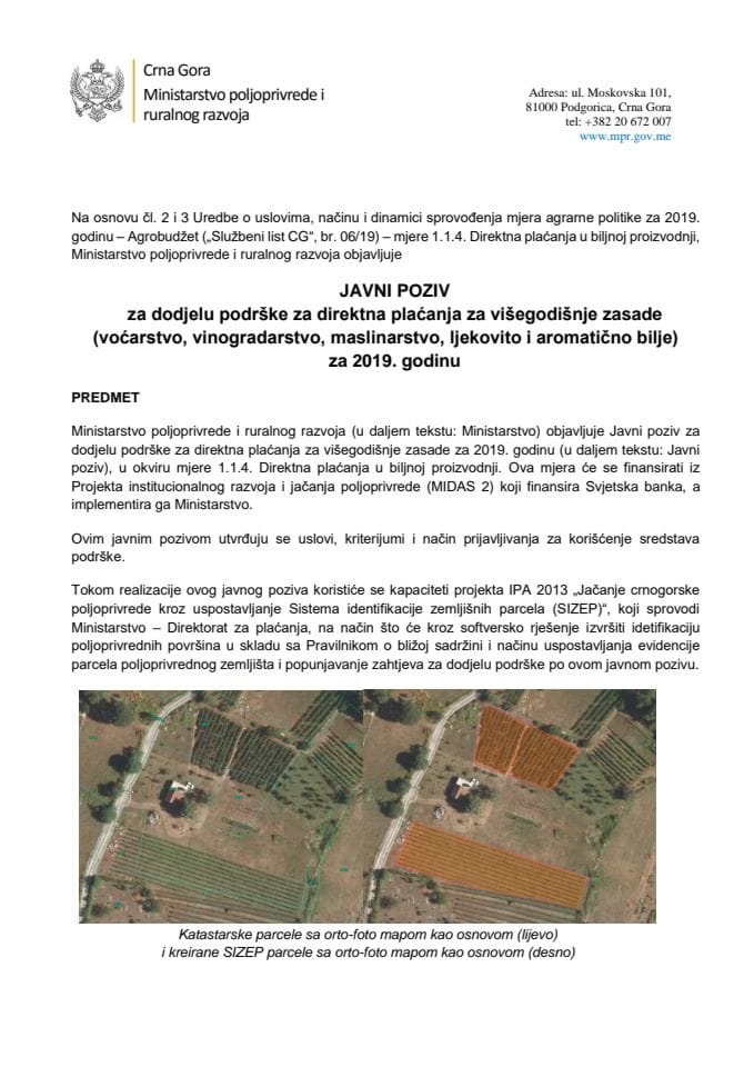 Javni poziv za dodjelu podrške po površini za višegodišnje zasade za 2019. godinu