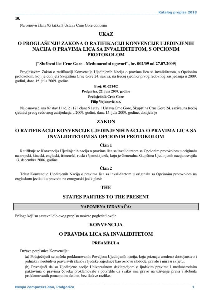 Zakon o ratifikaciji Konvencije Ujedinjenih Nacija o pravima lica sa invaliditetom, sa Opcionim prtokolom