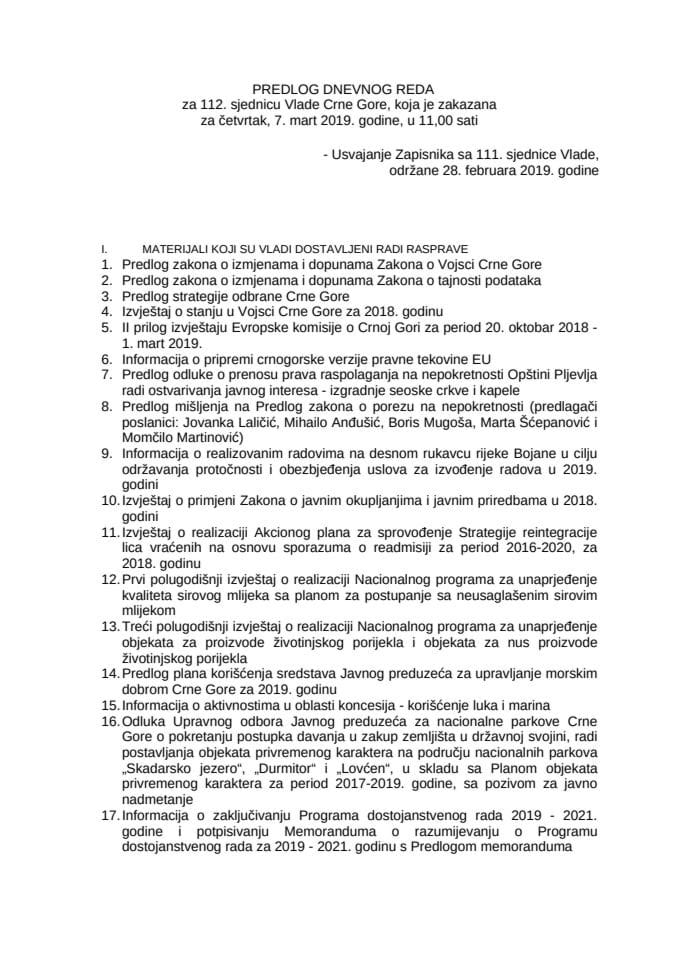 Predlog dnevnog reda za 112. sjednicu Vlade Crne Gore