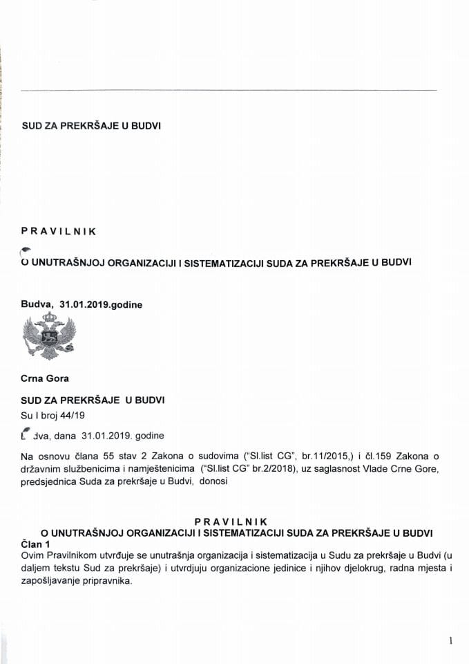 Предлог правилника о унутрашњој организацији и систематизацији Суда за прекршаје у Будвив