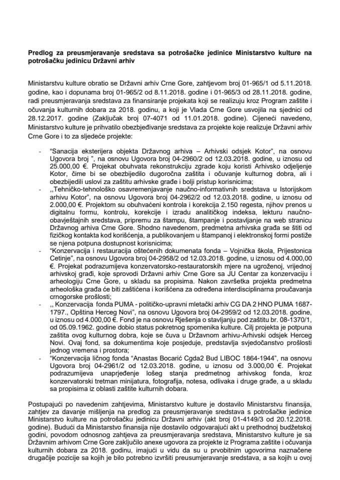 Predlog za preusmjerenje sredstava s potrošačke jedinice Ministarstvo kulture na potrošačku jedinicu Državni arhiv Crne Gore (bez rasprave)