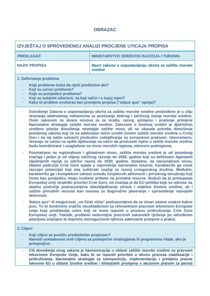 Prvi Nacrt RIA formulara_Nacrt zakona o uspostavljanju okvira za zaštitu morske sredine f