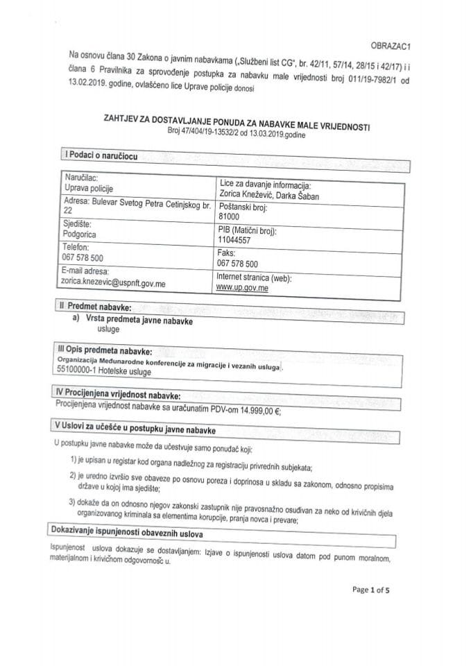 Zahtjev za dostavljanje ponude za nabavku male vrijednosti