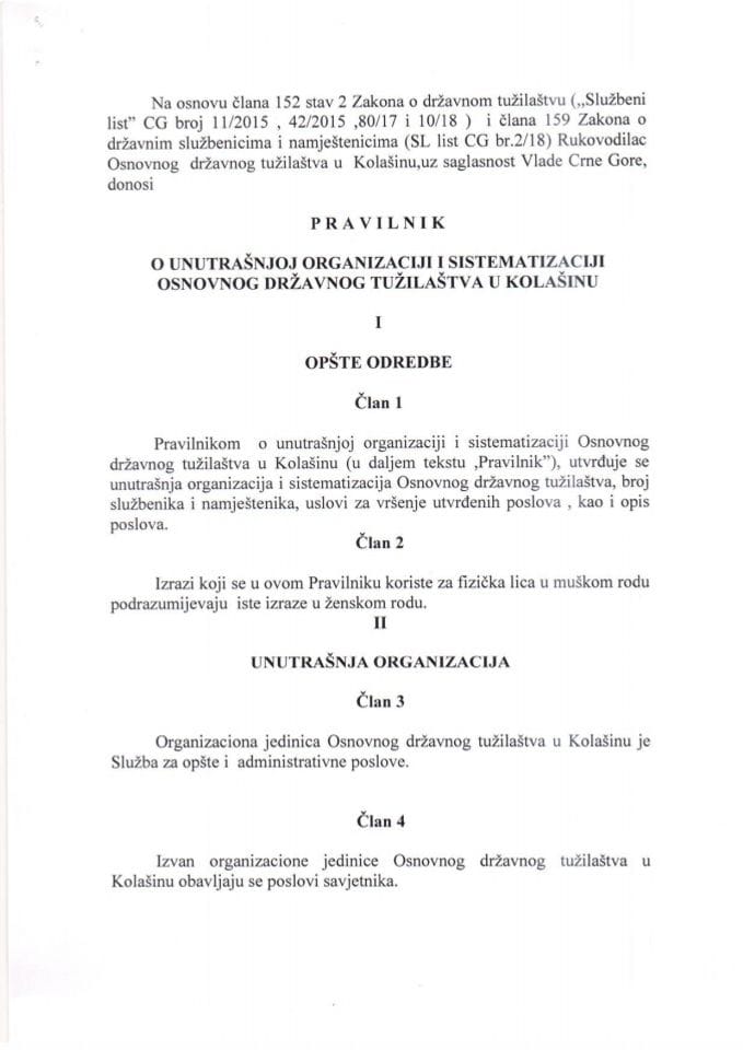 Predlog pravilnika o unutrašnjoj organizaciji i sistematizaciji Osnovnog državnog tužilaštva u Kolašinu	